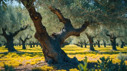 Aufkleber - Olive grove with ancient trees and blooming yellow flowers under a clear blue sky in a sunny landscape setting.