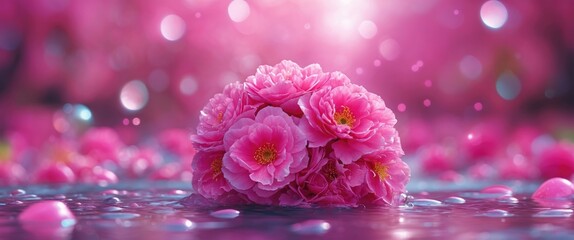 Poster - Soft pink floral arrangement with blurred background and sparkling droplets creating a serene and dreamy atmosphere.