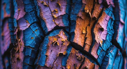 Poster - Colorful tree bark texture with intricate cracks and a vibrant mix of hues showcasing the natural beauty of wood in a striking close-up.