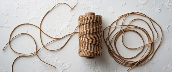 Poster - Brown twine roll with unraveled strands on textured white background showcasing crafting materials and sewing supplies