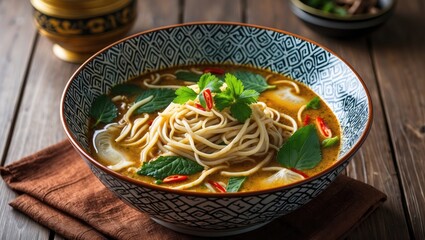 Poster - Bowl of flavorful Asian noodle soup with herbs and chili on wooden table natural lighting