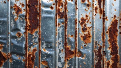 Wall Mural - Rusty metal wall texture with aged zinc sheets showing weathered patterns and varying degrees of corrosion ideal for background use.