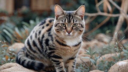 Poster - Domestic cat with a distinct striped coat sitting on rocks in a natural outdoor setting surrounded by greenery