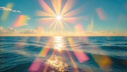 Aufkleber - Bright sun over calm ocean surface with light reflections and colorful lens flares in blue sky landscape scenery.