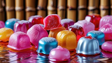 Poster - Colorful assorted gelatin desserts arranged on a reflective surface with a bamboo background and sugar crystals on top