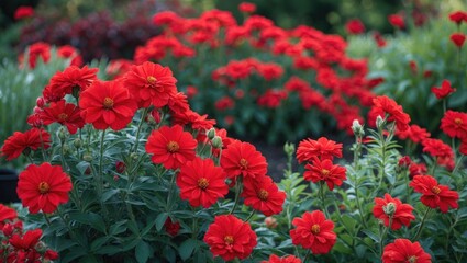 Poster - Vibrant red flowers blooming in a garden showcasing a lush, colorful landscape filled with seasonal blooms and greenery.