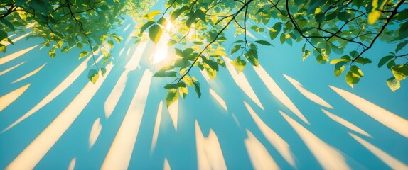 Poster - Sunlight filtering through green leaves with blue sky and soft shadows creating a tranquil natural background scene
