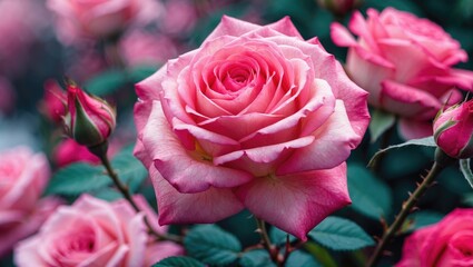 Poster - Vibrant close-up of a stunning pink rose surrounded by lush green foliage showcasing nature's beauty and elegance.
