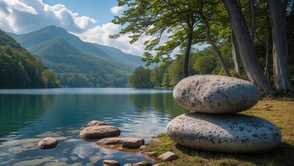 Poster - Mountain lake landscape with stacked stones serene water reflections and green trees under a blue sky with clouds