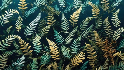 Poster - Aquatic fern pattern with vibrant foliage showcasing a serene underwater landscape of diverse plant life.
