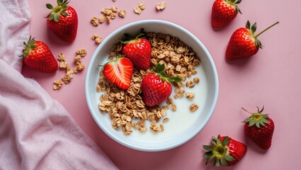 Poster - Bowl of yogurt with granola and fresh strawberries on pink background with scattered oats and berries around