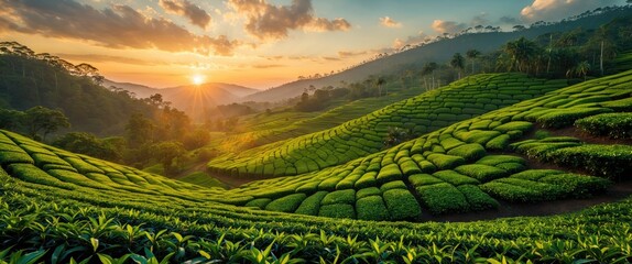 Aufkleber - Sunrise over lush green tea plantation hills with terraced rows and misty mountains in the background under a colorful sky