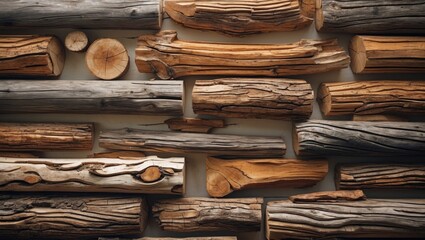Poster - Rustic wooden log wall texture showcasing various shades and patterns for authentic natural decor and design inspiration.