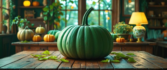 Poster - Green pumpkin placed on a rustic wooden table surrounded by autumn decor and warm lighting in a cozy indoor setting.