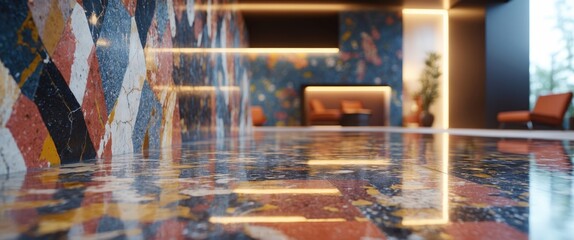 Poster - Interior design with colorful patterned walls and reflective polished floor in contemporary living space with modern furniture and lighting.