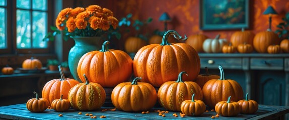 Poster - Autumn still life with assorted pumpkins displayed on a rustic table surrounded by marigolds in a warm indoor setting