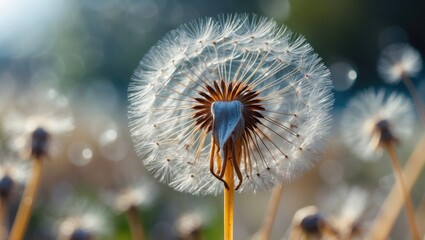 Poster - Close-up of delicate dandelion seeds in natural blurred background capturing the beauty of nature and intricate details.