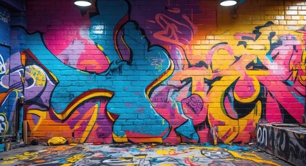 Poster - Vibrant graffiti mural with abstract patterns and colorful designs suitable for creative backgrounds and artistic projects.