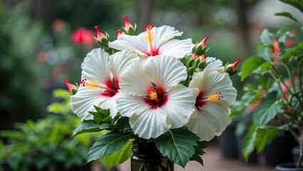 Poster - White hibiscus flowers arranged in a bouquet with green leaves on a blurred garden background