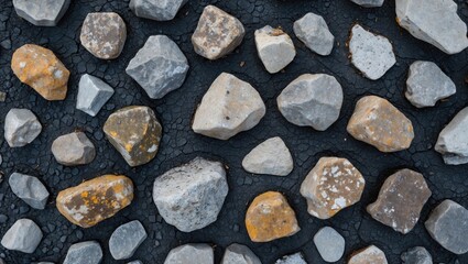 Poster - various stones and pebbles scattered on a dark textured surface in an abstract pattern