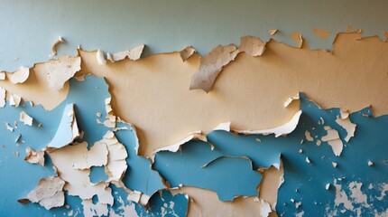 Poster - Peeling paint texture on a wall showcasing layers of blue and beige for artistic or renovation background use.