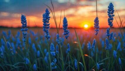 Aufkleber - Blue flowering plants in a field during sunset with vibrant colors in the sky and daylight fading on the horizon.
