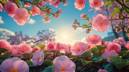Poster - Vibrant begonia flowers and cherry blossoms illuminated by sunlight in a picturesque spring garden scene.