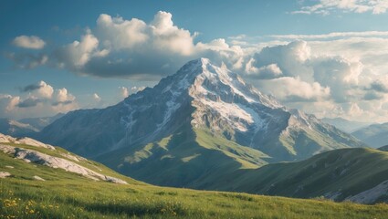 Poster - Majestic mountain peak with snow-capped summit surrounded by green meadows and clouds under a bright blue sky during daylight.