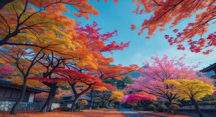 Poster - Autumn landscape with vibrant colorful trees and serene pathway in a traditional garden setting under a clear blue sky