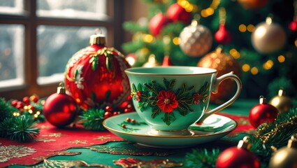 Aufkleber - Christmas themed coffee cup and decorative ornaments on a festive table setting with a window view and evergreen tree in background