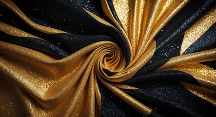 Poster - Elegant black and gold glitter fabric swirls creating a luxurious abstract background for design and creative projects.