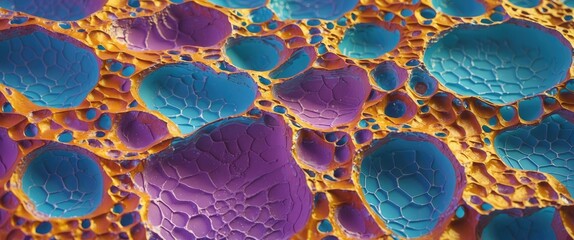 Fototapete - Colorful abstract texture resembling cellular patterns with vibrant blue, purple, and orange hues ideal for backgrounds and art projects.