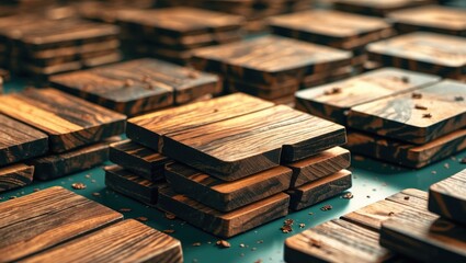 Aufkleber - Stacked and arranged wooden coasters made from dark exotic wood on a flat surface with scattered wood shavings