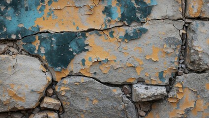 Aufkleber - weathered stone wall with cracked surface and peeling yellow and turquoise paint