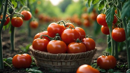 Poster - Freshly harvested ripe red tomatoes in a woven basket on a farm field with green plants and natural sunlight