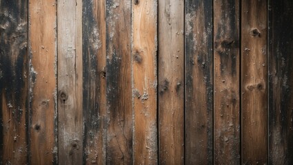 Aufkleber - Textured wooden wall surface with varying shades of brown and black, featuring scratches and imperfections, ideal for backgrounds.
