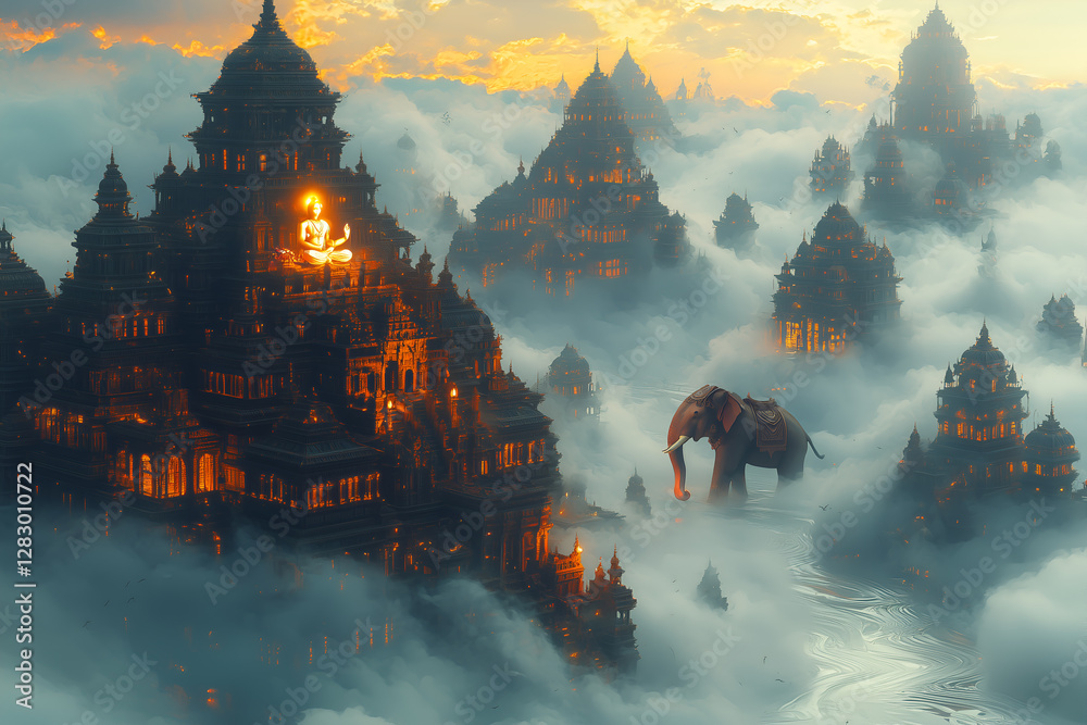 Swarga A divine vision of Svarga, with golden palaces floating on clouds, a ...