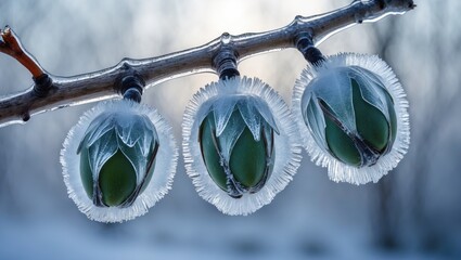 Poster - Ice-covered magnolia buds on a branch with frost in a winter landscape exhibiting intricate frozen details and soft background blur