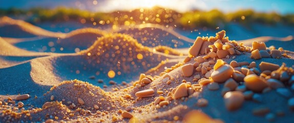 Aufkleber - Close-up of sand particles and small stones with sunlight creating a warm glow and sparkles in the background on a beach environment