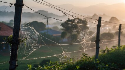 Aufkleber - Morning dew on spider webs along a barbed wire fence with a misty landscape in the background during sunrise.
