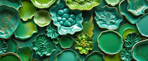 Poster - Assorted green ceramic plates in various shapes and designs arranged artistically on a flat surface