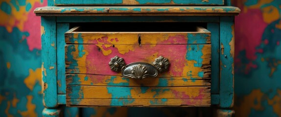 Aufkleber - Vintage wooden drawer in bright blue with yellow and pink paint chips on peeling surface and antique bronze handle decorative details