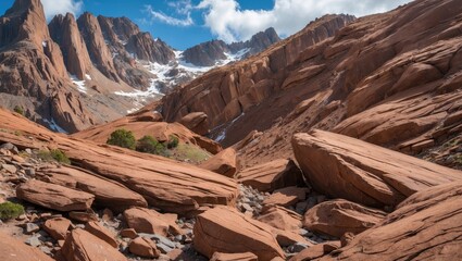 Poster - Rocky mountain landscape with towering peaks and reddish-brown rock formations under a blue sky with clouds