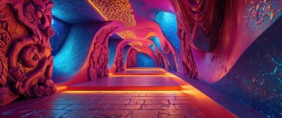 Poster - Futuristic colorful hallway with intricate wall textures and vibrant lighting creating an immersive artistic atmosphere.