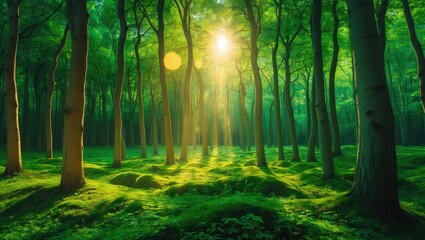 Poster - Lush green beech forest with sun rays filtering through trees creating a magical serene atmosphere in Irati nature reserve