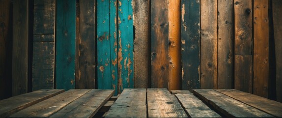 Poster - Rustic wooden planks background with vibrant colors and textures ideal for interior design, photography, and creative projects.