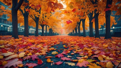 Poster - Vibrant autumn leaves creating a picturesque scene of fallen foliage along a tree-lined path in a serene outdoor setting.
