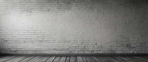 Poster - Gray brick wall interior background with wooden floor for use in presentations or design projects.