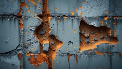 Aufkleber - Textured wall with peeling paint showing blue and orange colors revealing damage and decay on a brick surface.