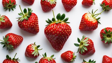 Aufkleber - Fresh red strawberries arranged on a white background showcasing their vibrant color and green leaves